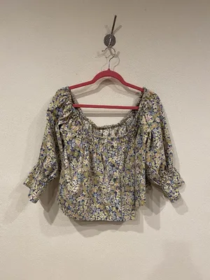 Free People James Blouse Womens Medium Multicolor Floral Off Shoulder Cropped thumbnail 2
