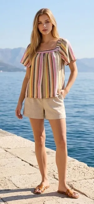LOFT Women Lg Pink Orange Yellow Striped Square Neck Flutter Sleeve Cotton Top thumbnail 1