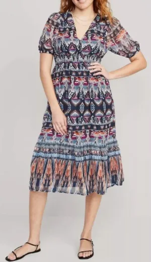 Old Navy A-Line Southwestern Midi Dress Tiered Womens Sz L Bubble Sleeve Smocked thumbnail 1