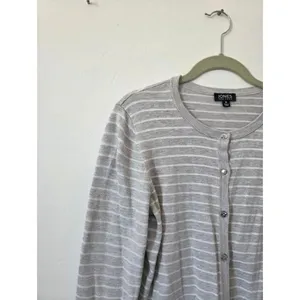 Jones New York Gray Striped Cardigan Sweater Gold Buttons Preppy Old Money M thumbnail 4