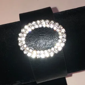 Crystal Oval Buckle Faux Leather Bracelet - Black thumbnail 2
