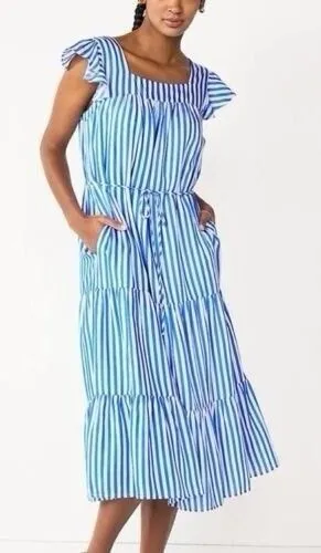 Draper James‎ RSVP Blue White Striped Tiered Ruffle Sleeve Midi Dress Medium thumbnail 1