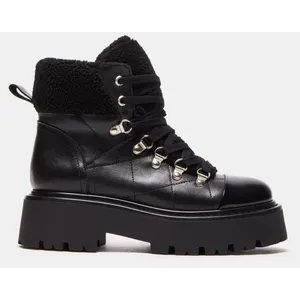 Steve Madden Black Leather Platform Combat Boots Shearling Trim Lug Sole Size 8 thumbnail 2