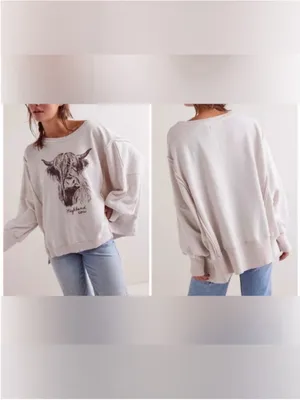 NWOT Free People We The Free Graphic Camden Pullover - highland cow combo - XS thumbnail 2