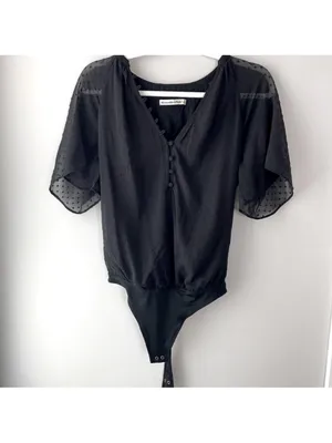 $59 Abercrombie and Fitch Black Flutter Sleeve Swiss Dot Button Bodysuit XS thumbnail 3