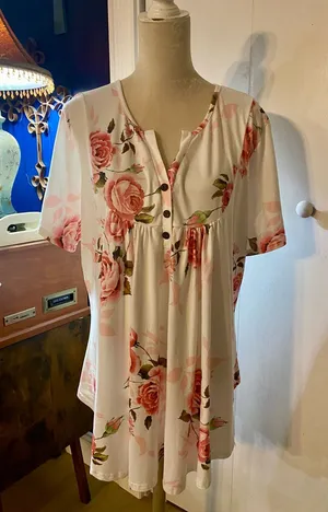 Ivory Rose-Print Button-Front Short Sleeve Tunic thumbnail 1