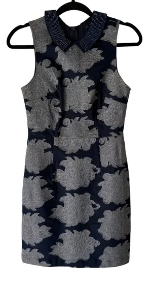 Anthropologie Let Me Be Navy Blue‎ Beaded Collar Dress Size 2 Floral Brocade thumbnail 1