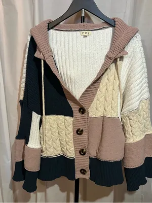 POL Colorblock Cable-Knit Hooded Cardigan - Pink/Navy/Cream thumbnail 1