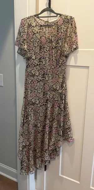 Astr Asymmetrical Floral Midi Dress in Pink and Black thumbnail 1