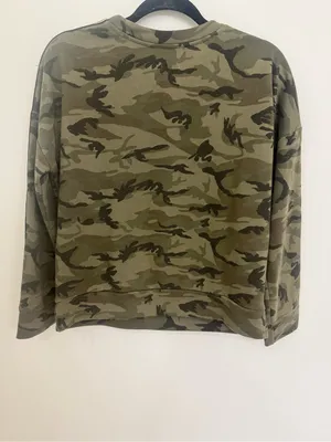 Miss Me Olive Green Camo Crewneck Sweatshirt with Stripe Sleeves thumbnail 2