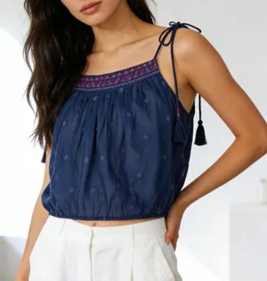 Free People Eternal Love Blue Boho Embroidered Cropped Tank Top Adjustable thumbnail 1