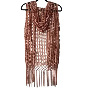 POL Duster Vest Crochet Fringe Trim Hood Size S‎ Dark Blush Pink Boho Rave Indie thumbnail 6