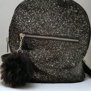 Black Glitter Faux Leather Mini Backpack with Pom-Pom Charm & Zippered Pockets thumbnail 5