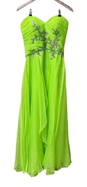 Mac Duggal Strapless Bedazzled Sparkle Long Chiffon Gown Dress Neon Green 10 thumbnail 1