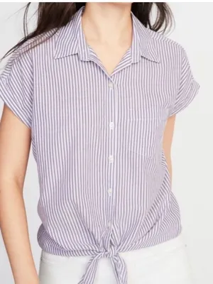 Old Navy Lavender & White Striped Button-Front Tie Blouse thumbnail 1