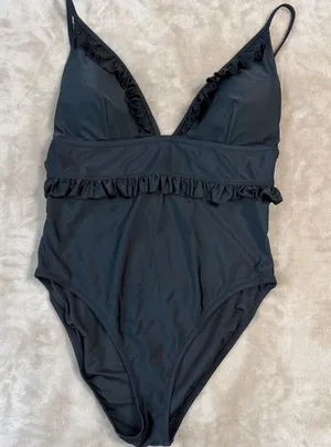 J. Crew Re-Imagined Plunge Black Ruffled One-Piece Swimsuit Size 12 thumbnail 1