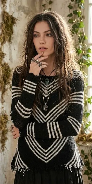 G by Guess Women's Black & Cream Chevron Fringe Crewneck Sweater Size XS thumbnail 1