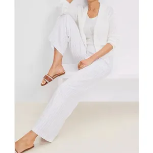 LOFT Linen Blend High Rise Wide Leg Striped Pants Cream Tan Beige Medium thumbnail 2