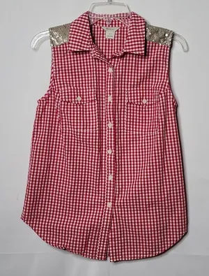 Ariat western gingham checkered plaid red white button down sequins top sz S thumbnail 1