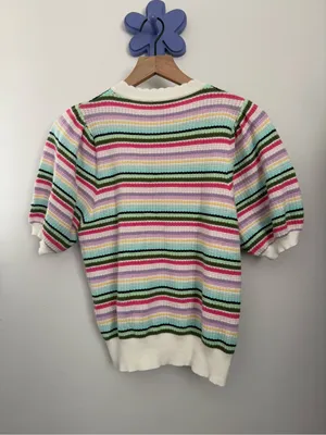 THML XS Stripe Multi Color Puff Short Sleeve Sweater Knit Pastel Crew Preppy thumbnail 2