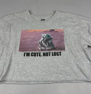 Star Wars Grogu Baby Yoda I'm Cute Not Lost Crop Tee Womens L Gray Mandalorian thumbnail 1