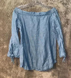 Free People Show Me Some Shoulder Chambray Linen Blend Off-The-Shoulder Top thumbnail 1