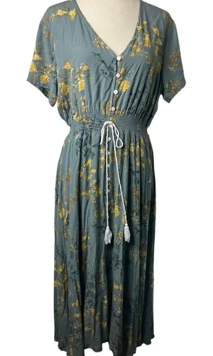 Gray Mustard Floral Button-Front Drawstring Maxi Dress Size XL thumbnail 1