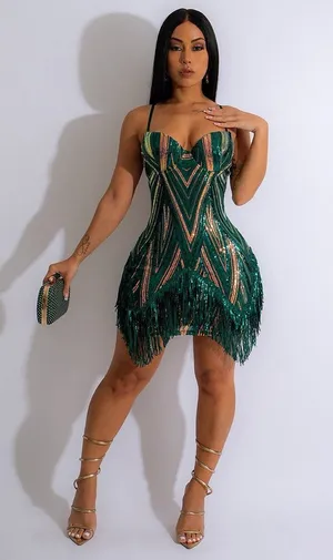 Sequin pattern irregular fringed hem cocktail party dres Green Size 2X thumbnail 1