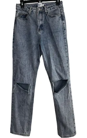 Princess‎ Polly High Waisted Straight Leg Distressed Knee Rip Jeans Light Wash 2 thumbnail 1