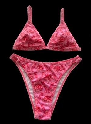 SheIn Vibrant Pink and Red Bikini with Triangle Top and High-Cut Design thumbnail 1