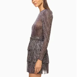 Sabina Musayev Purple Tiered Ruffle Mini Dress XS Plisse Metallic Cocktail $285 thumbnail 3