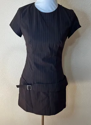 Zara Brown pinstripe mini dress with belt and undershorts NEW MEDIUM thumbnail 1