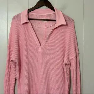 Free People We The Free Travis Waffle Knit Thermal Top Pink XS Oversized thumbnail 2