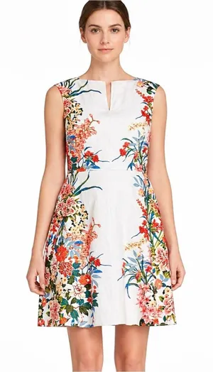 Adrianna Papell Floral Fit & Flare White Dress Multi Garden Party Size 14 Derby thumbnail 1
