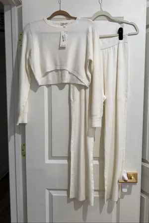 Pink Ripple Cropped Flare Leg Sweater Set NWT White Size M thumbnail 1