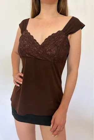 Dark Brown Cap Sleeve Lace Y2k Milkmaid Top thumbnail 1
