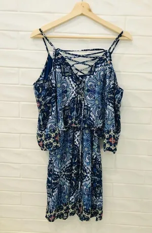 Bisou Bisou Michele Bohbot Blue Print Dress Cold Shoulder Blouson Mini dress thumbnail 10