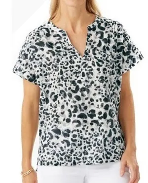 Tommy Bahama Desert Cat Split‎ Neck Top Women Large Black White Leopard Preppy thumbnail 1