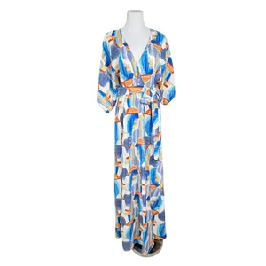 Baltic Born Morgan Kimono Maxi Dress XL Blue White Floral Abstract Peasant thumbnail 2