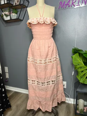 Boho Pink 100% Cotton Crochet Crochet Lace Smocked Halter Maxi Dress - Size S Pink Cotton Crochet Lace Inset Smocked Halter Maxi Dress Size Small thumbnail 2