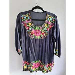 Boho Embroidered Floral Tunic Dress Navy Rose Mexican Style Sz M thumbnail 2