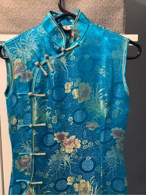 Yuexuan Qipao Dress Shanghai Style Blue Gold Floral Satin Mandarin Collar Y2K thumbnail 2