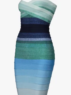 Strapless Multicolor Bandage Dress - Green & Blue Stripe thumbnail 4