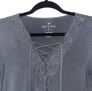 Soft & Sexy Dark Gray Crochet Lace-up Tee thumbnail 2
