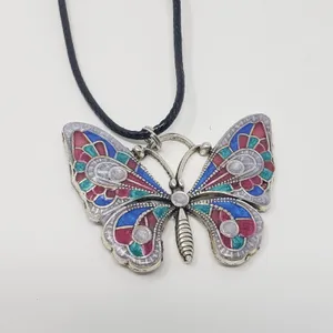 Butterfly Pendant w/ Pink, Blue, Teal Green & Silvery White Resin Necklace thumbnail 4