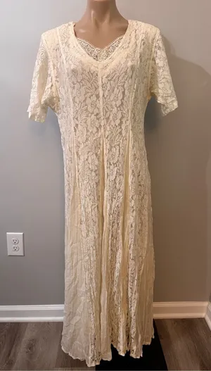 Starina Cream Lace Overlay Dress Large Floral Pleated Bridal Vintage Bohemian thumbnail 1