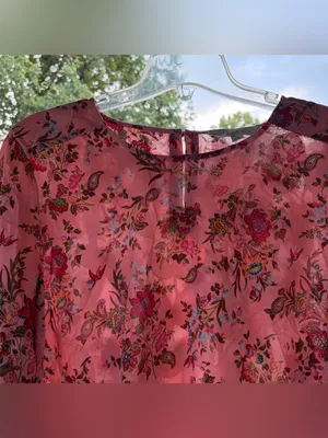 LOFT Pink Floral Sheer Long-Sleeve Blouse with Elastic Cuffs thumbnail 3