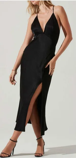 NWT ASTR The Label Black Deep V Satin Midi Dress Size Small Cocktail Wedding thumbnail 1