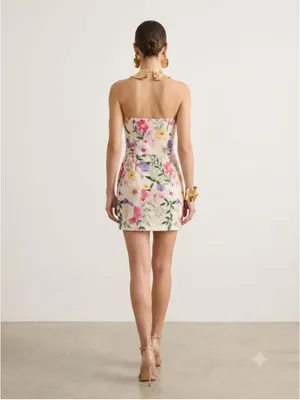 Floral Embroidered Lace Mini Dress Size S Strapless Colorful Mesh Overlay Weddin thumbnail 3