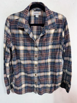 Carhartt Button Up Plaid Flannel Shirt Women's Large Blue Brown Cabincore Cozy thumbnail 1